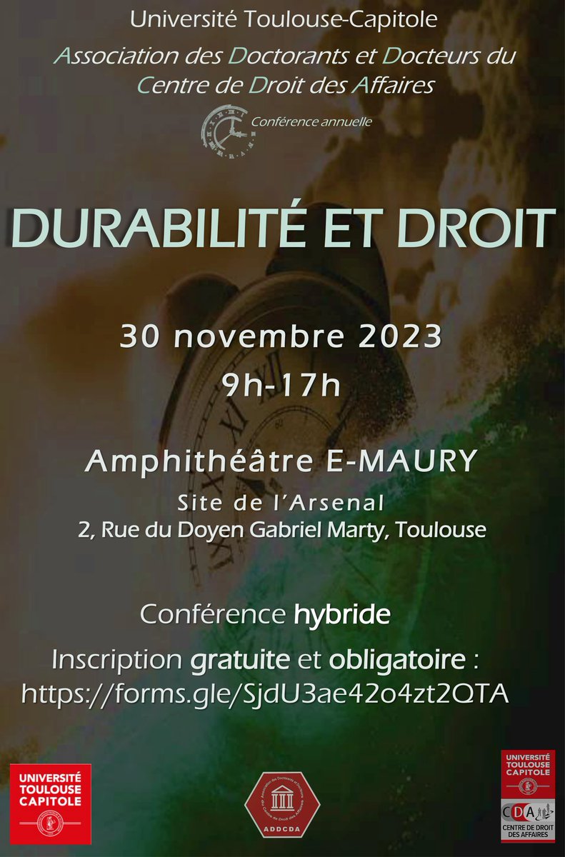 ADDCDA_UTCAP's tweet image. La durabilité est une notion riche qui revêt un rapport indéniable au temps, s&apos;impliquant dans la quête d&apos;un équilibre entre l&apos;éphémère et l&apos;inatteignable éternité.
Comment est-elle appréhendée par les diverses branches du droit ? Venez le découvrir !
@UTCapitole @CDA_UT1Capitole