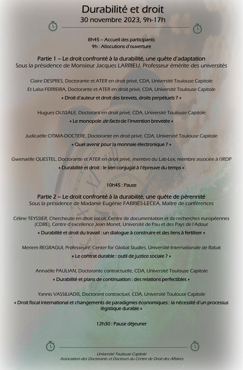 ADDCDA_UTCAP's tweet image. La durabilité est une notion riche qui revêt un rapport indéniable au temps, s&apos;impliquant dans la quête d&apos;un équilibre entre l&apos;éphémère et l&apos;inatteignable éternité.
Comment est-elle appréhendée par les diverses branches du droit ? Venez le découvrir !
@UTCapitole @CDA_UT1Capitole