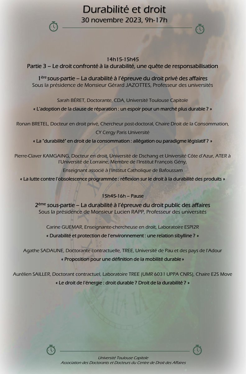 ADDCDA_UTCAP's tweet image. La durabilité est une notion riche qui revêt un rapport indéniable au temps, s&apos;impliquant dans la quête d&apos;un équilibre entre l&apos;éphémère et l&apos;inatteignable éternité.
Comment est-elle appréhendée par les diverses branches du droit ? Venez le découvrir !
@UTCapitole @CDA_UT1Capitole