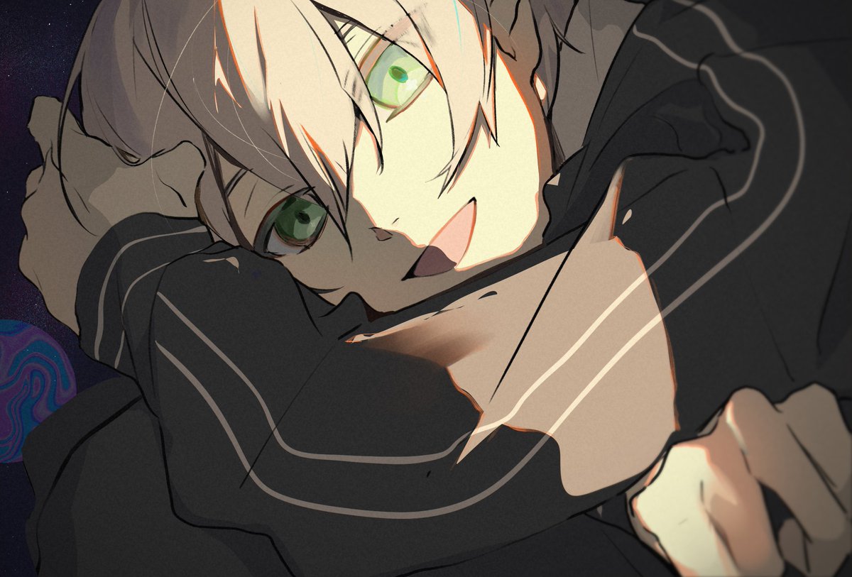 1boy male focus solo green eyes looking at viewer smile open mouth  illustration images