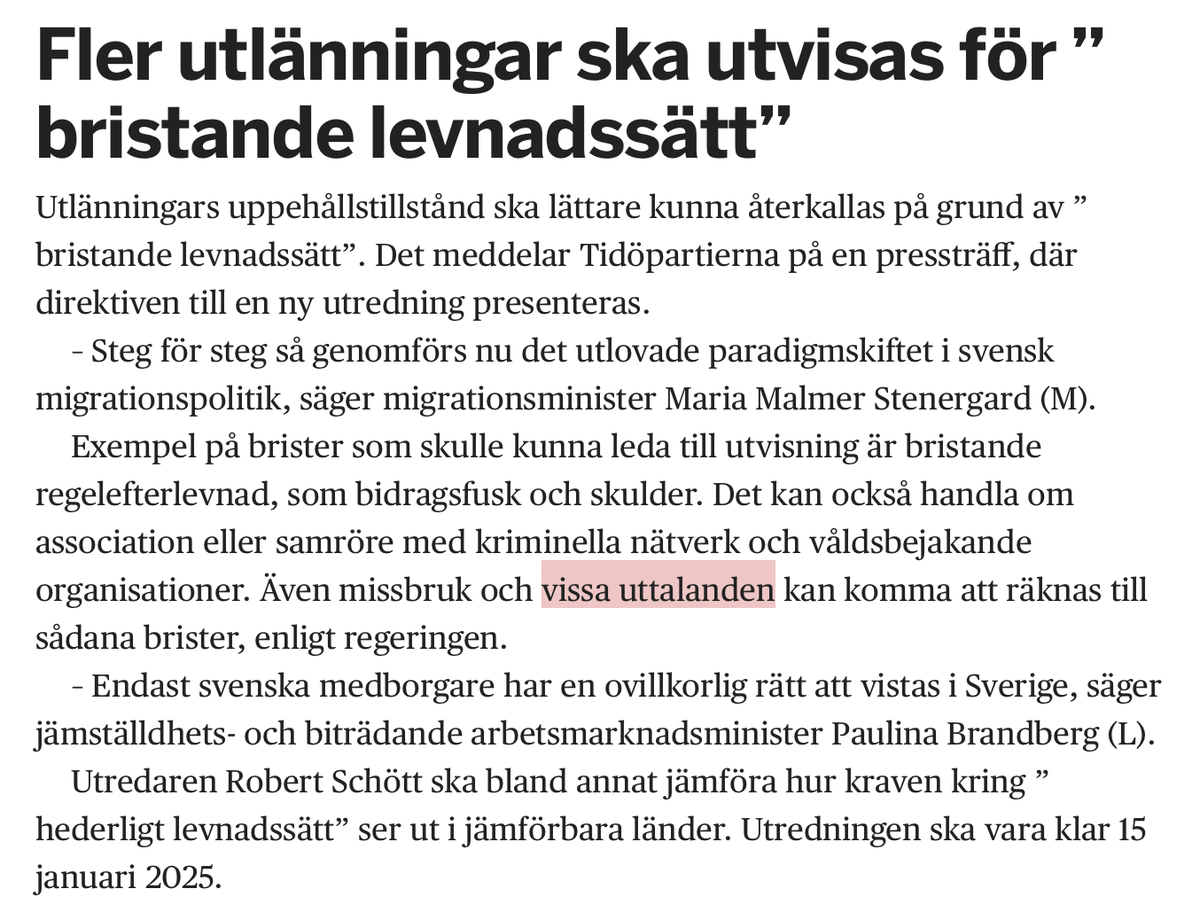 anniecroona's tweet photo. Att regeringen öppnar för att "vissa uttalanden" kan leda till utvisning är häpnadsväckande.

Men min gissning är att cirka noll högerpersoner kommer att protestera mot detta. I stället kommer de att håna de som tycker att det här är obehagligt. https://t.co/JssCpT4wjg