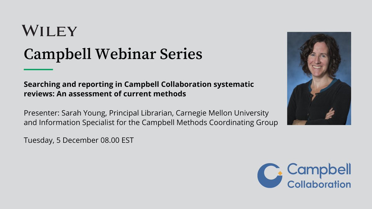 Campbell Methods (@campbellmethods) on Twitter photo Our last webinar for 2023 on 5 December features @rootsandberries <a href="/CMULibraries/">CMU Libraries</a> Sarah Young, Information Specialist with the Campbell Methods Coordinating Group. Join us on Tuesday, 5 December! Register here: us02web.zoom.us/meeting/regist… Our last webinar for 2023 on 5 December features @rootsandberries <a href="/CMULibraries/">CMU Libraries</a> Sarah Young, Information Specialist with the Campbell Methods Coordinating Group. Join us on Tuesday, 5 December! Register here: us02web.zoom.us/meeting/regist…