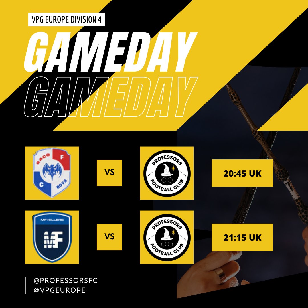 Professors FC (@professorsfc) on Twitter photo It’s GAMEDAY for the Professors in the <a href="/OfficialVPG/">Virtual Pro Gaming</a> Europe League 4! ⚽️
🆚 FC BacoBoys @ 20:45 UK
🆚 MF Killers @ 21:15 UK
#upthewizards 🟡⚪️ It’s GAMEDAY for the Professors in the <a href="/OfficialVPG/">Virtual Pro Gaming</a> Europe League 4! ⚽️
🆚 FC BacoBoys @ 20:45 UK
🆚 MF Killers @ 21:15 UK
#upthewizards 🟡⚪️