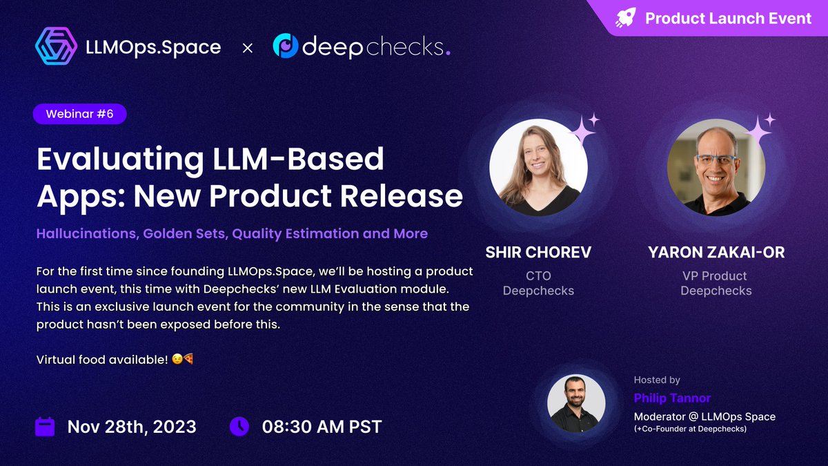 llmopsSpace's tweet image. Excited to share that our upcoming LLMOps event will feature the product launch of Deepchecks&apos; new LLM Evaluation module. 🤩

The event is about &quot;Evaluating LLM-Based Apps: New Product Release&quot;. 🚀

📆 - Nov 28th, 2023
⏰ - 8.30 AM PST 

Register here: linkedin.com/events/7130665…