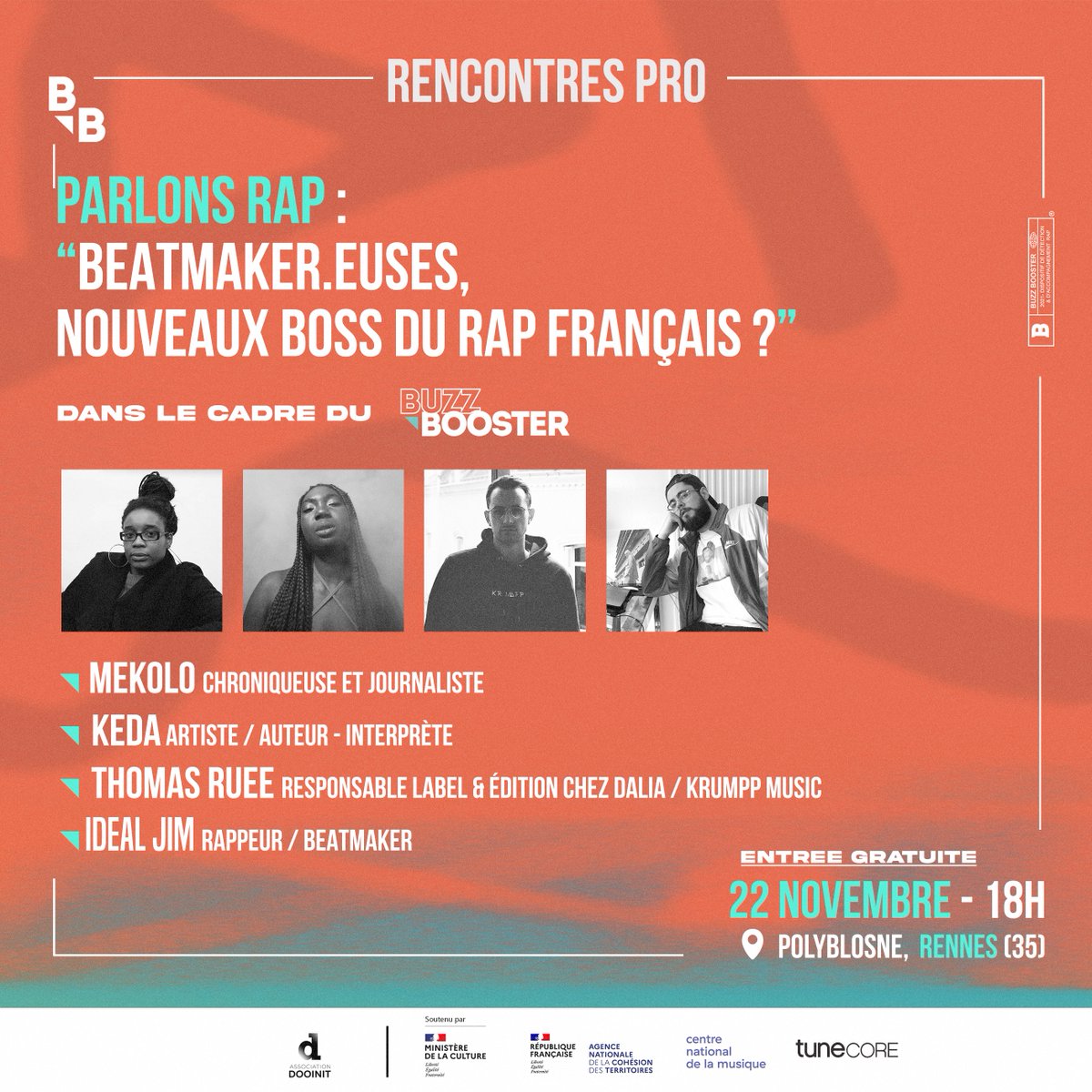 Retrouvez-nous demain à 18h, au Polyblosne pour une discussion sur la place des beatmakers dans le rap jeu aujourd'hui, avec la présence exceptionnelle de
@hiphopsquat , Keda, Thomas Ruée  et @IdealJim_.  

🤑 Gratuit ! 
Organisé par @dooinitfestival et @buzzboosterfr👌