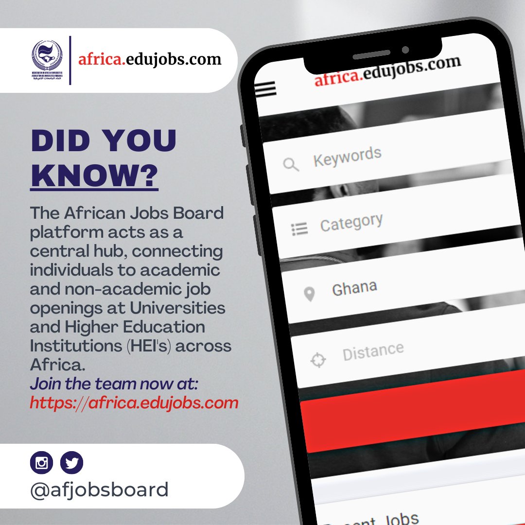 Connect with the African Jobs Board for more update and also explore our platform africa.edujob.com to find your dream job in academia.
#AAU #JobsBoard #AcademicJobs #NonacademicJobs #CentralHub #Africa #CareerGrowth #CareerDevelopment #SkillEnhancement #Workhappy