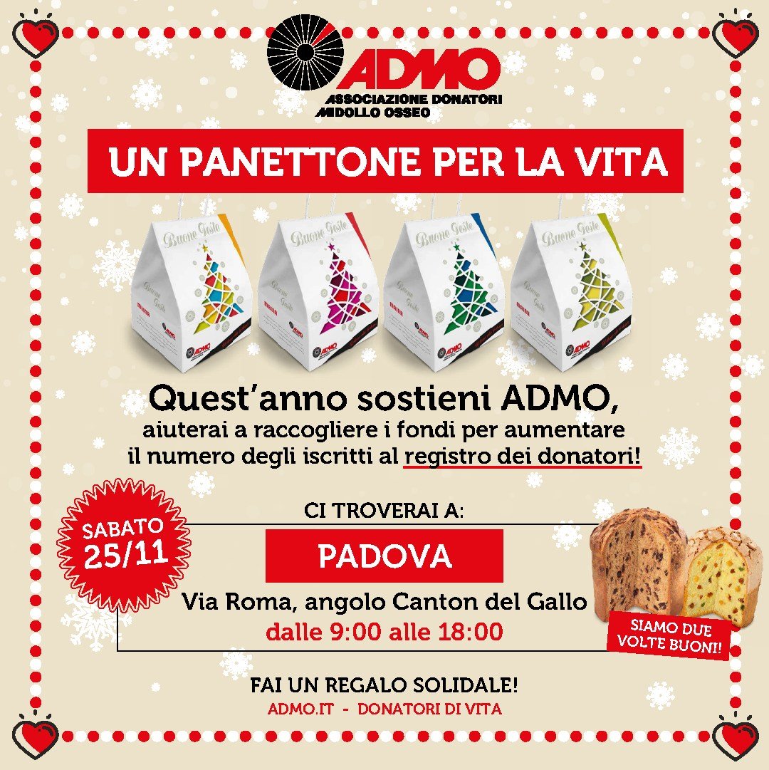 Dove trovarci sabato 25/11 a Padova dove ci troverai con i nostri squisiti panettoni che sostengono le nostre campagne ed attività:
- Parrocchia di Sacro Cuore
- Angolo Via Altinate/Zabarella
- Canton del Gallo, Via Roma
Ti aspettiamo!