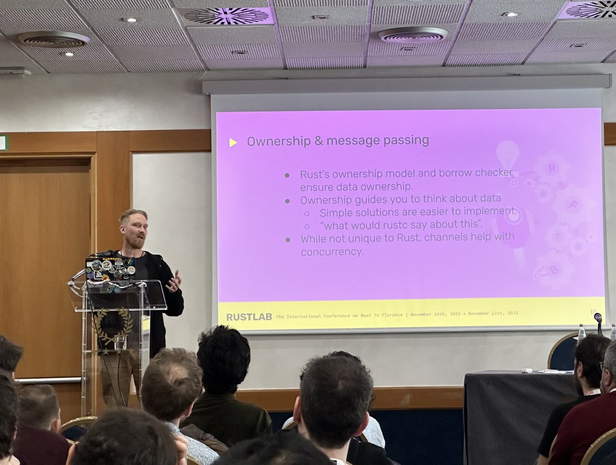 vuorenoja's tweet image. If something seems impossible to implement, it’s #rust way of saying ”think again!”. The ownership model guides us to think about the data. @jtaimisto on 🔥 at #rustlab2023