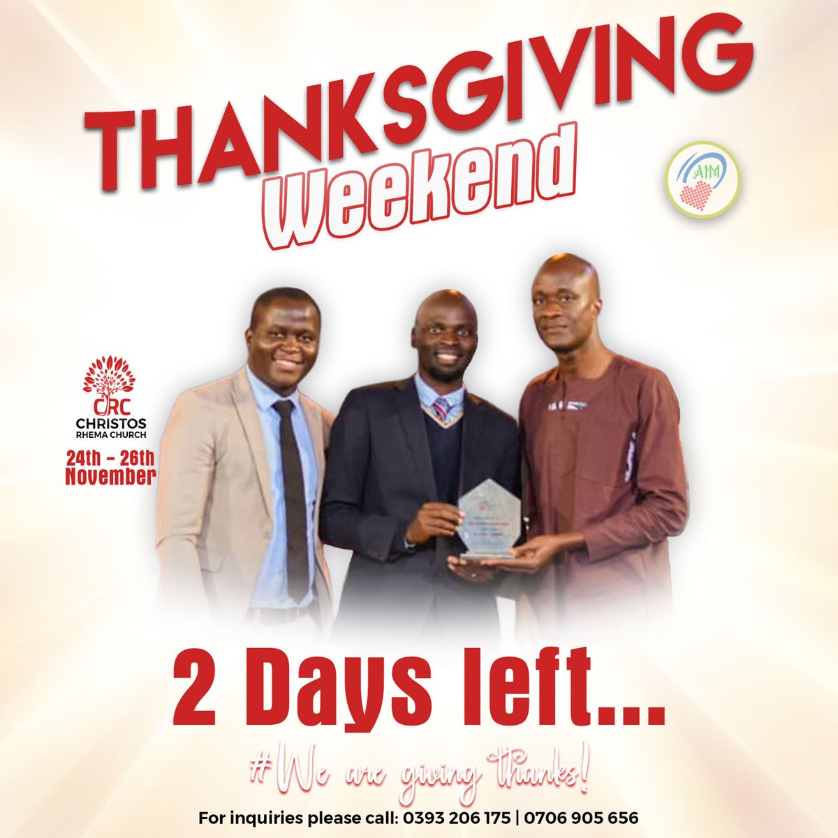 RhemaChristos's tweet photo. We are counting only 0️⃣2️⃣ DAYS 💃💃💃💃
This Friday, the celebration starts at CRC in Makerere Kikoni C
🗓️24th(Friday) to 26th (Sunday)
You are gladly invited.
Expect joy and feasting in the Holy Ghost
#02DAYS
#Thanksgiving
#GreatGlory https://t.co/lAUOabG0Vk