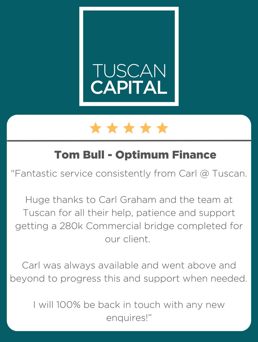 TuscanCapital's tweet photo. ⭐️⭐️⭐️⭐️⭐️
It’s always great to receive feedback from one of the industry’s finest #introducers 🤝

Thank you again to Tom Bull of Optimum SME Finance Limited for our latest #completion, and here are to many more in the coming months 🙏

Great job as always, Carl Graham👏 https://t.co/WtUQunfz2X
