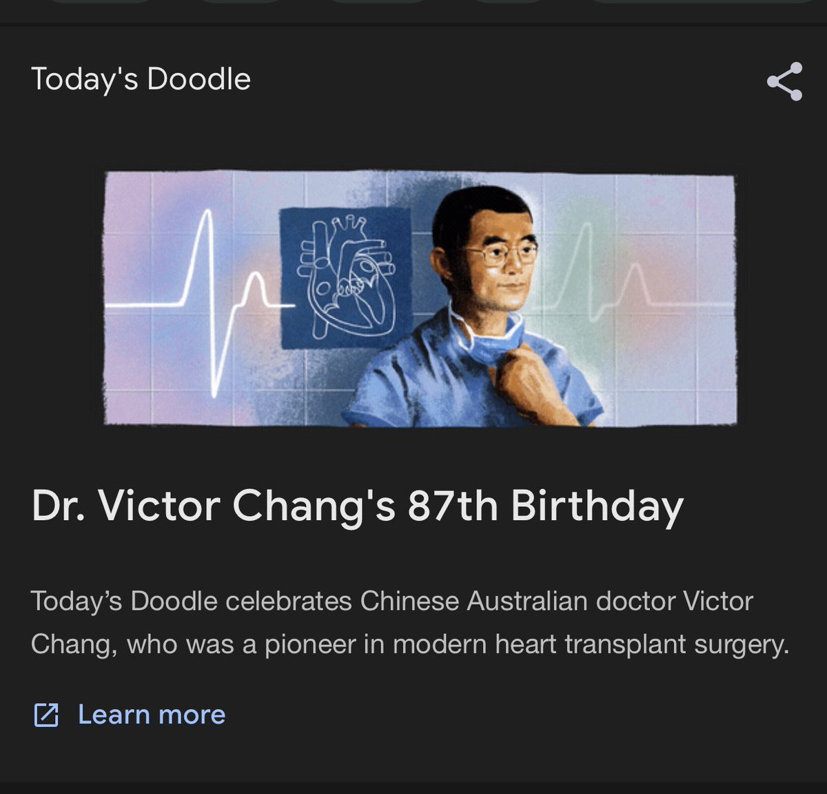 FYI- Did anyone notice that todays "Google" front image is of Chinese Australian heart surgeon DR VICTOR CHANG? 

If he was alive today, he would have been 87 years old. A pioneer in modern heart transplant surgery, he is someone we need to revere and remember. #Google