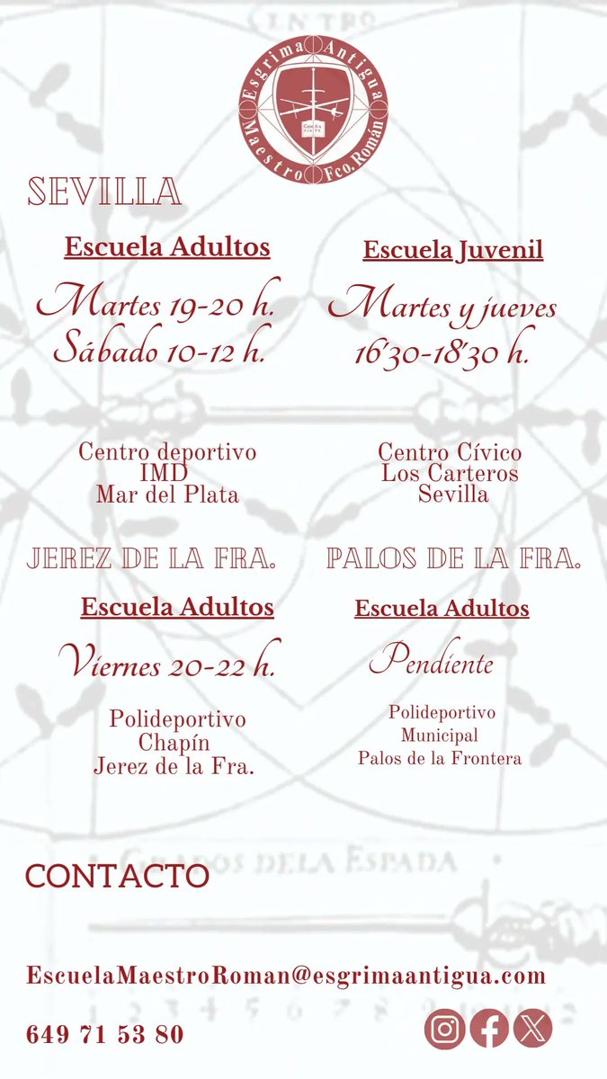 Aquí os dejamos nuestros horarios y localización actualizados. Tras unos meses complicados, estamos agradecidos por poder continuar con nuestra Escuela. #AEEA #EMFR #VerdaderaDestreza #Esgrima #fencing #hema #esgrimahistórica #escrimeancienne #historicalfencing #Destreza #Sevilla