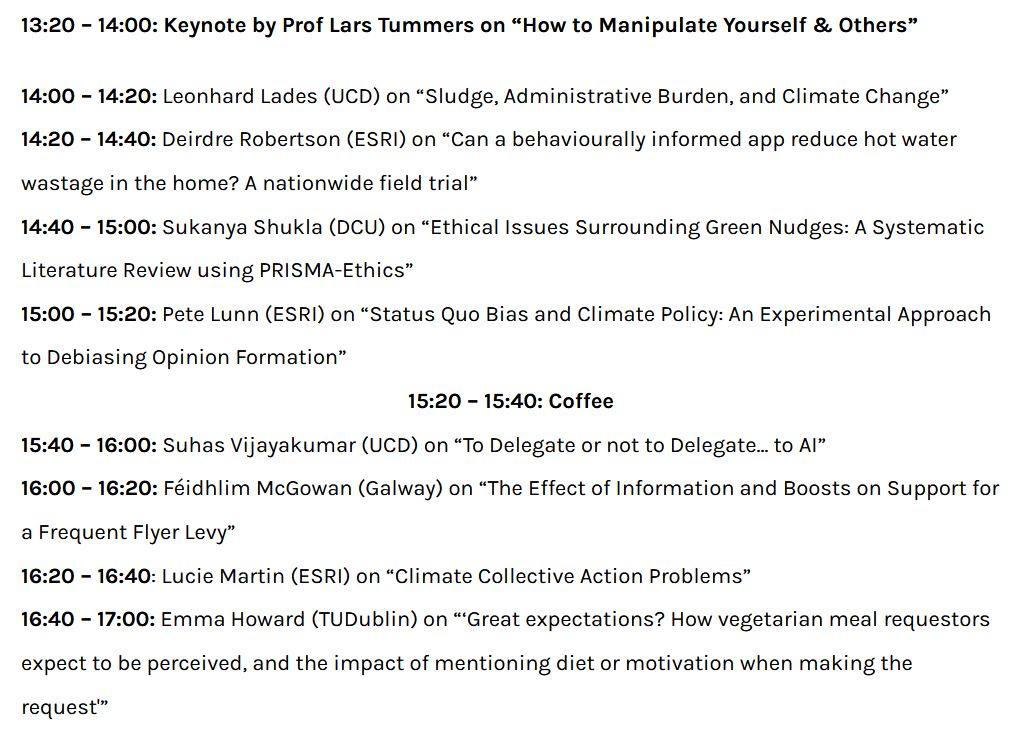 Behavioural Science and Policy in Ireland (@econpsypol) on Twitter photo The preliminary schedule for the 16th Annual Irish Economics, Psychology, and Policy Conference (Dec 14 <a href="/SmurfitSchool/">UCD Smurfit School</a>) is online.
bsp.ucd.ie/16th-irish-eco…
16 presentations plus an exciting keynote by Prof <a href="/LGTummers/">Lars Tummers</a>!
You can register as a participant on the website above. The preliminary schedule for the 16th Annual Irish Economics, Psychology, and Policy Conference (Dec 14 <a href="/SmurfitSchool/">UCD Smurfit School</a>) is online.
bsp.ucd.ie/16th-irish-eco…
16 presentations plus an exciting keynote by Prof <a href="/LGTummers/">Lars Tummers</a>!
You can register as a participant on the website above.