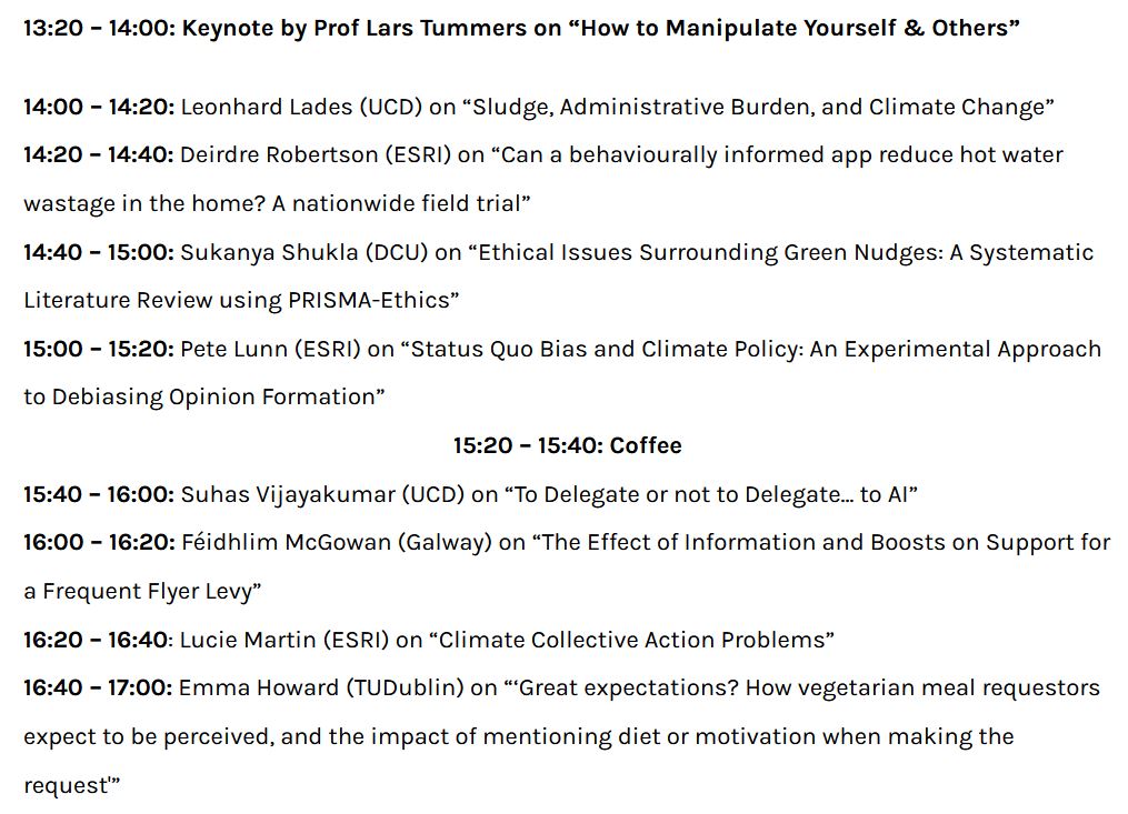 The preliminary schedule for the 16th Annual Irish Economics, Psychology, and Policy Conference (Dec 14 @SmurfitSchool) is online. bsp.ucd.ie/16th-irish-eco… 16 presentations plus an exciting keynote by Prof @LGTummers! You can register as a participant on the website above.