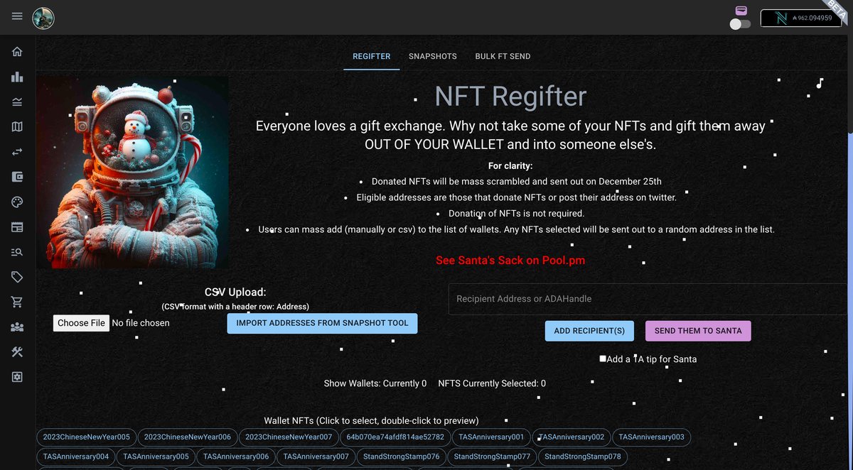 VongdudeJason's tweet photo. @GloTroAdCo has just integrated a FUN feature "Regifter" . . .
In spirit of the upcoming festive - Christmas - join me & be surprised what we will get back from the regifter.
Open today til Dec 25th 2023.
visit https://t.co/mqlR0B7PHq for more . . .
#CNFT #Cardano #FunFestive https://t.co/yEAKX05cTs