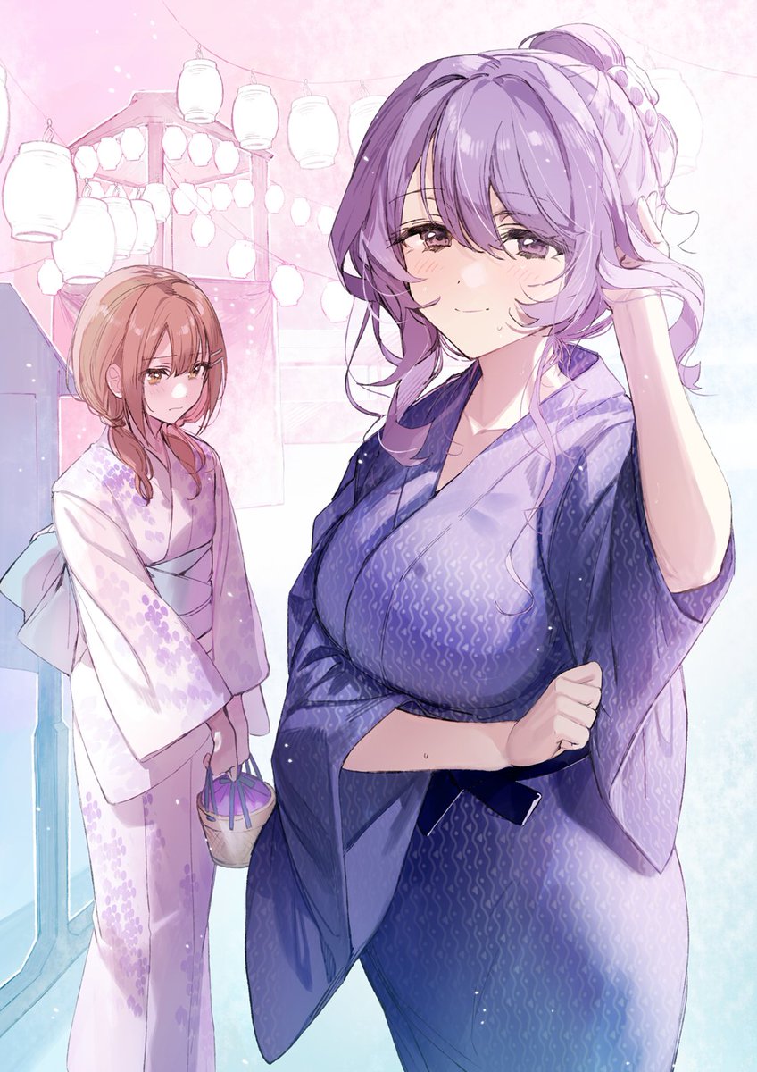 multiple girls 2girls japanese clothes kimono purple hair yukata brown hair  illustration images