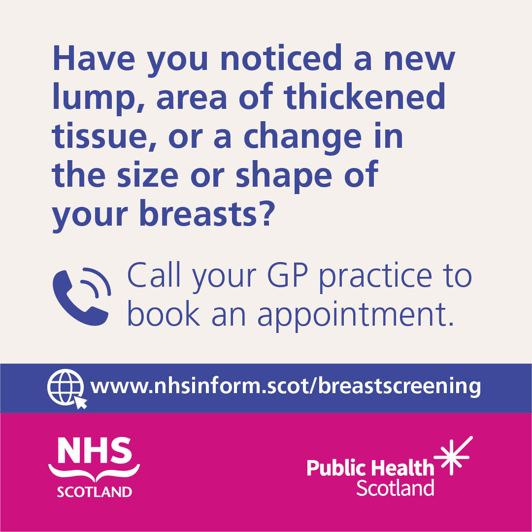 P_H_S_Official's tweet photo. If you have noticed a new lump, area of thickened tissue, or a change in the size or shape of your breasts, contact your GP practice to get checked. Find out more, and who is offered routine breast screening in Scotland, at:
➡️ https://t.co/EzNhU8kYbk
#ScotsScreening https://t.co/hUshW6OOIw