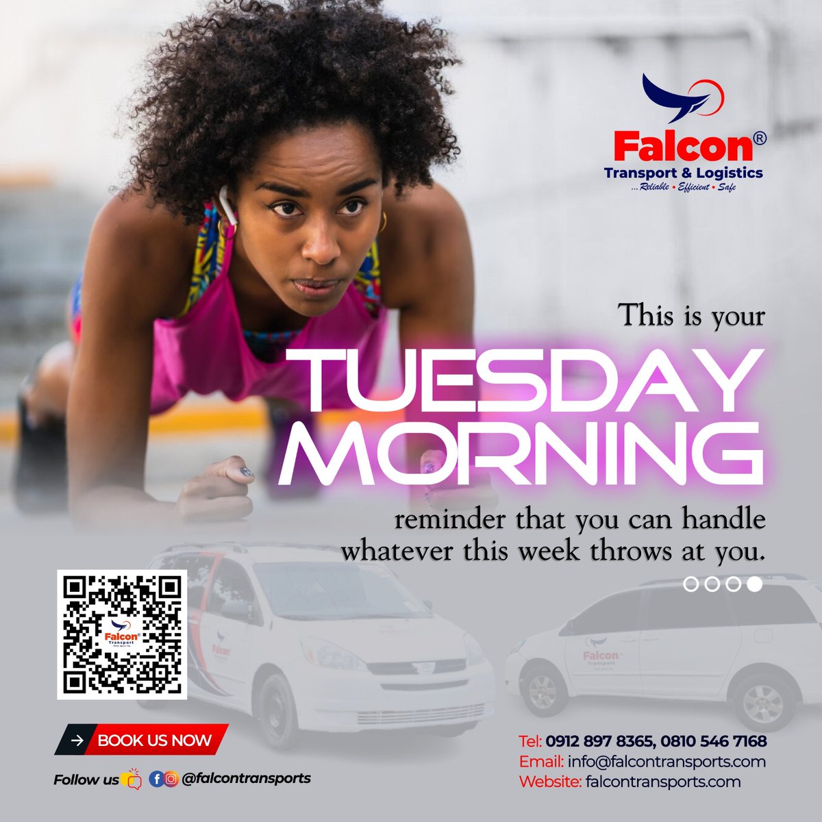 Hello Tuesday, happy new week to our customers, have a great week and stay motivated ✊

Send us a dm to book us for your charter needs.
#falcontransports #transportation #services #sienna #charterservices