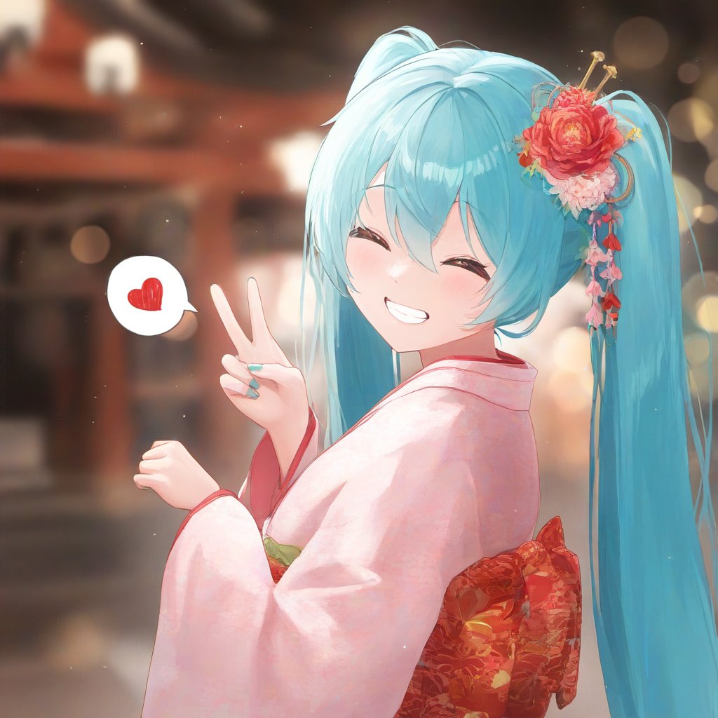 dreiachse's tweet image. ありがとうございます！　初詣にしてみました！

hatsune miku, head tilt,  Japanese clothes ,  flower paint, flower hair ornament,      Shinto shrine ,   spoken ...,      bokeh, depth of field ,  grin , light particles,
