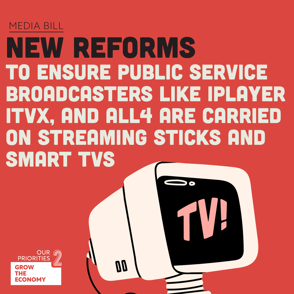 DCMS's tweet photo. 📺 Protected access to public service broadcast and crown jewel sports 
📽️ Helping UK public service channels make more hits
🚦 Streaming rules to protect the most vulnerable

Today's Media bill brings traditional broadcast into the digital age
