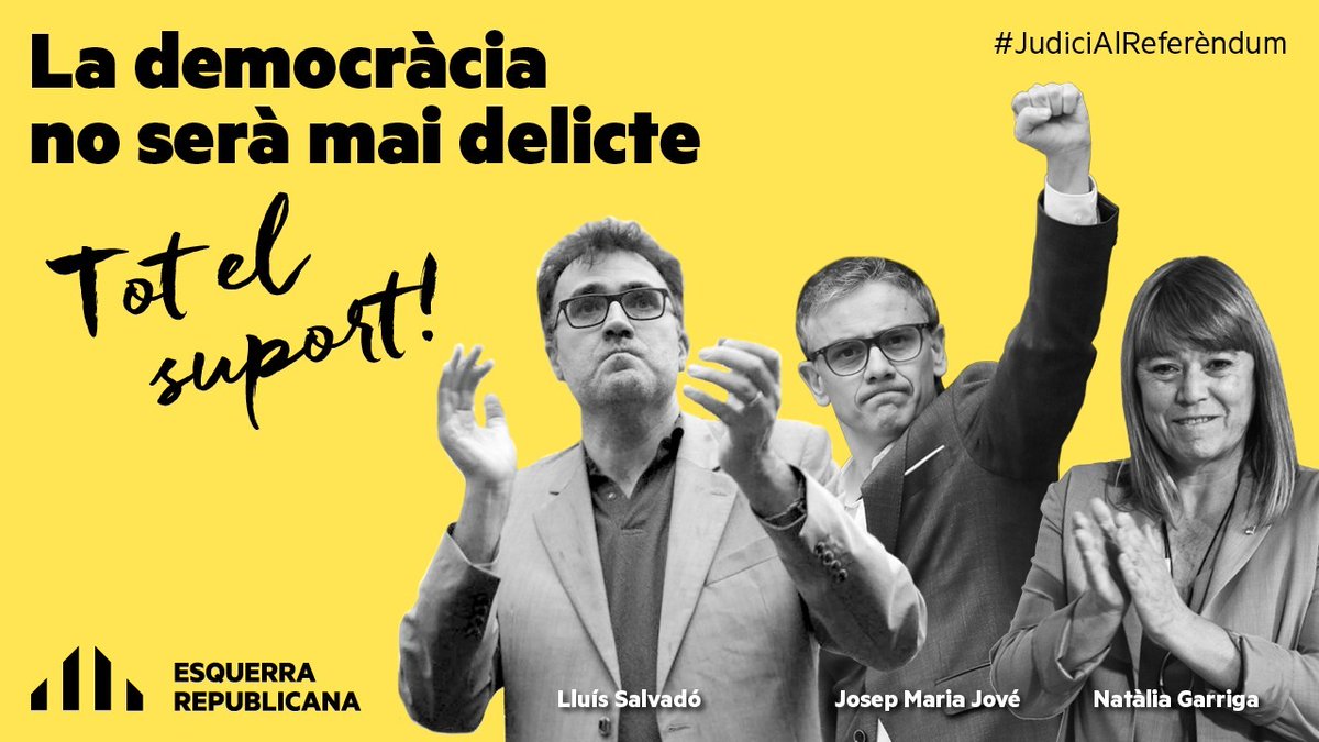 ❗️A la seva repressió, més democràcia
Si no volen urnes, més hi tornarem

<a href="/jmjovellado/">Josep M. Jové Lladó</a>, <a href="/natalia_garriga/">Natàlia Garriga</a> i <a href="/LlSalvado/">Lluís Salvadó Tenesa</a>, no estareu sols en el #JudiciAlReferèndum!✊