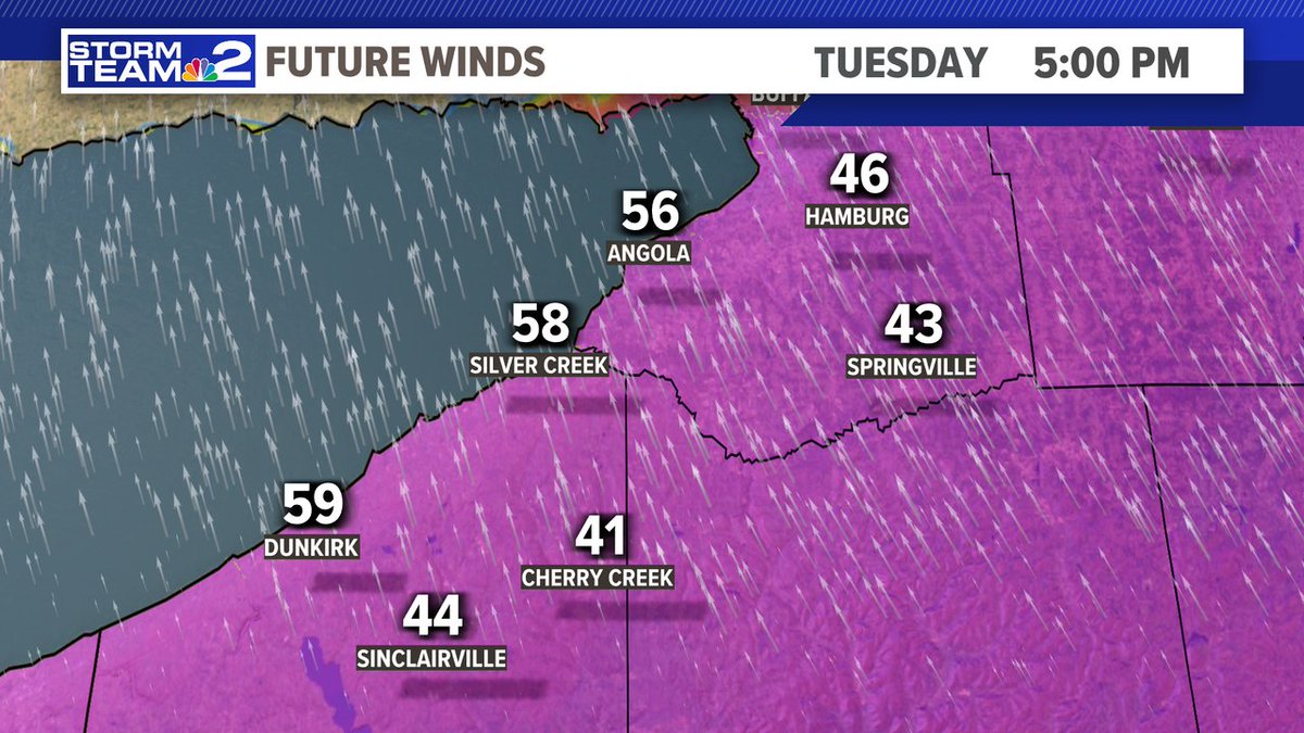 High Wind Warning for Southern Erie and Chautauqua Co. through 11pm. These are potential wind gusts speeds this afternoon. @wgrz