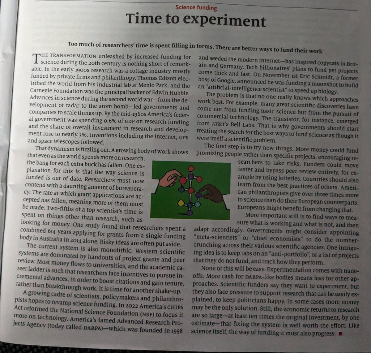 2/5 of time of top scientists is spent on other things than science (often looking for funding). One reason is the science system is full of complicated bureaucracy. 

What to do about it?

 Article in The Economist this week.