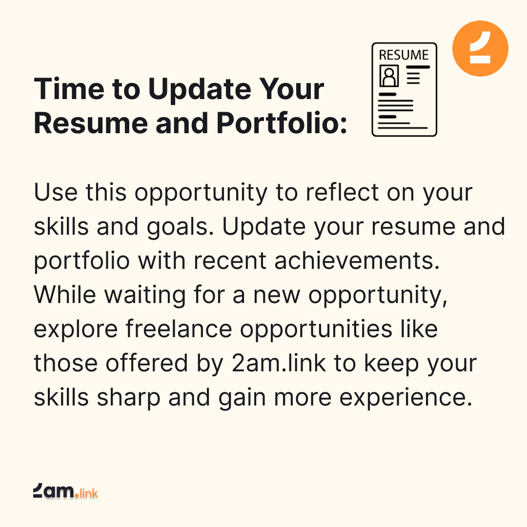 2amlink's tweet photo. Have you been laid off recently?

Here’s how you can navigate this brief chapter in your life!

#layoff #jobsearch #career #softwaredevelopment #coding #programming #tips https://t.co/bmj5b3Rbhz