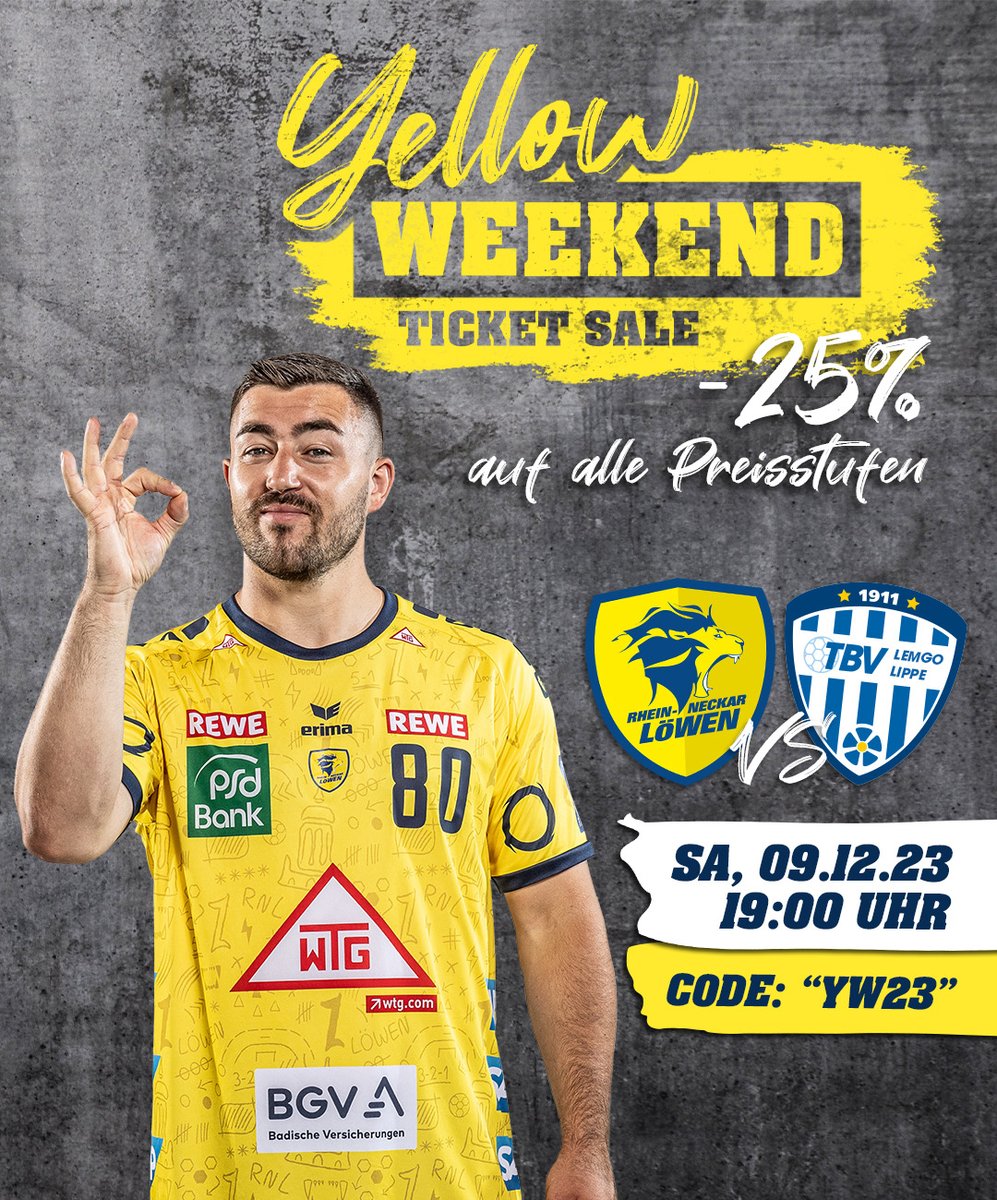 RNLoewen's tweet photo. 🟡 YELLOW WEEKEND! 🟡 Für unser Heimspiel gegen Lemgo am Sa, 09.12. gibt es 2️⃣5️⃣% auf alle Preisstufen! 🎫 Dafür müsst ihr den Code: "YW23" nutzen 🙌 Hier geht es zum Ticketshop https://t.co/Tbt7ylY1yd 📲 #rnl #rnloewen #handball #yellowweekend https://t.co/SdAqaV7ZrP