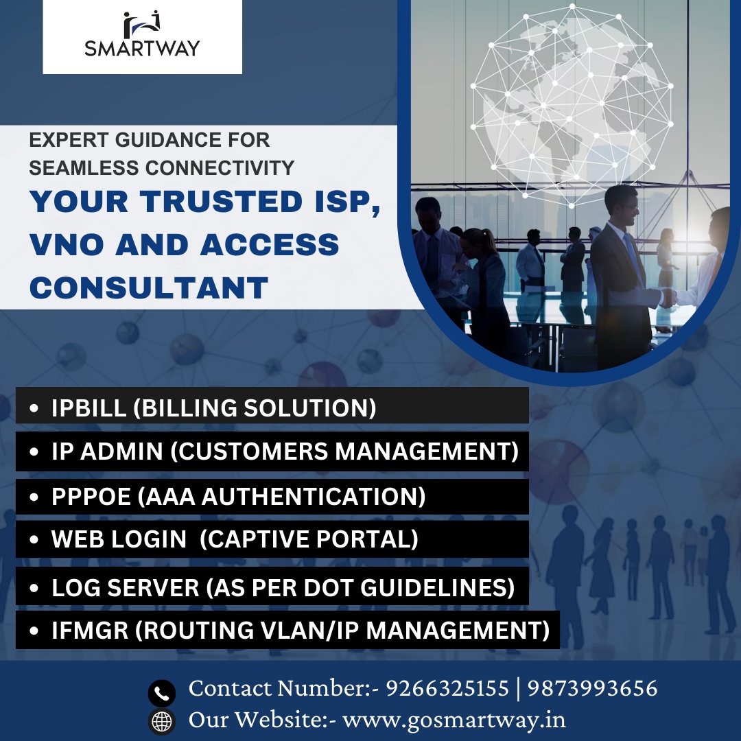 'Unlocking Networks: Your Reliable Consultant for ISP, VNO & Access Solutions'

✉️DM US For ISP Services
👇OUR CONTACT DETAILS:-
📞Contact Number:- 9266325155 | 9873993656
#ispconsultant #vnolicense #ipbill #logserver #access #ispbusiness #server #ipadmin #smartwaytechnologies