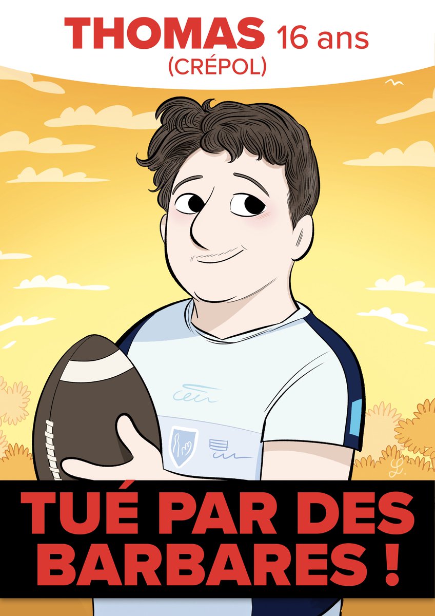 DamienRieu's tweet photo. On recouvre la France avec cette affiche en hommage à #Thomas ? (dessin de @bloglaurel) 
format pdf pour impression :  https://t.co/UvcwtqOk2y
#Crépol https://t.co/1hNARqZRrM