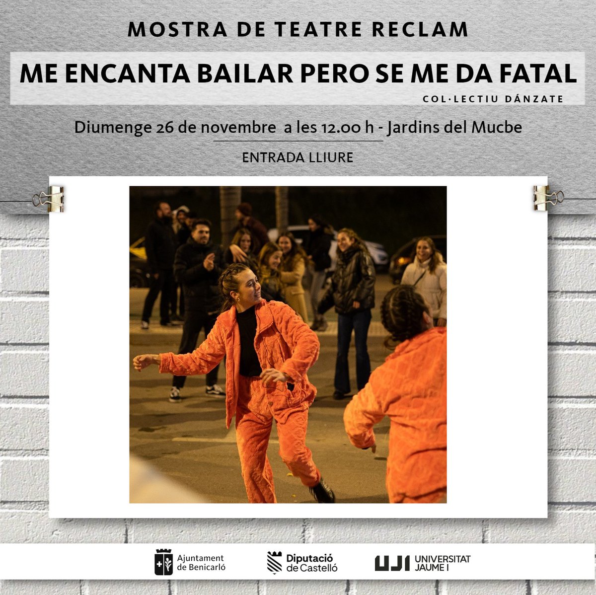 Ajunt_Benicarlo's tweet photo. 🎭 La Mostra #Reclam arriba este diumenge a #Benicarló amb 'Me encanta bailar pero se me da fatal', del col·lectiu #Dánzate
💃 Acció guiada i lúdica de dansa participativa per a totes les persones, edats i mobilitats
📅 26 de novembre 12.00 h al #Mucbe
🆓 Entrada lliure https://t.co/AmZihTxuD9