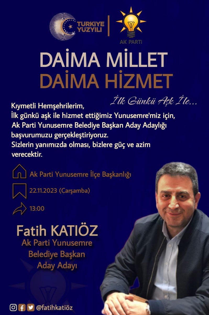 <a href="/katiozfatih/">Fatih KATIÖZ 🇹🇷</a> Ak Parti Yunusemre Belediye Başkan Aday Adaylığı başvurumuzu 22.11.2023 Saat 13:00' da Ak Parti Yunusemre İlçe Başkanlığımızda gerçekleştiriyoruz. 
Sizlerin bizlerle olması güç ve azim verecektir.
<a href="/Akparti/">AK Parti</a> 
<a href="/SalihHizliTR/">Salih Hızlı</a> <a href="/MucahitArinc/">Ahmet Mücahit Arınç 🇹🇷</a>