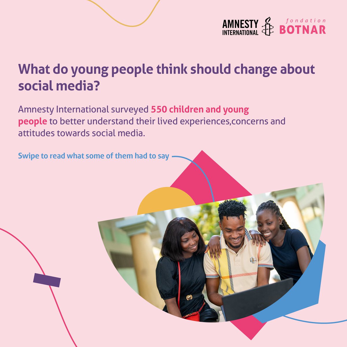 FondationBotnar's tweet photo. 📢 Many young people consider social media an integral part of daily life. But how does it impact youth privacy and mental health?
Earlier this year, @amnesty conducted a survey, as part of our joint #RIGHTSClick programme, to better understand their social media experiences. 🧵 https://t.co/6XQLBQdWIv