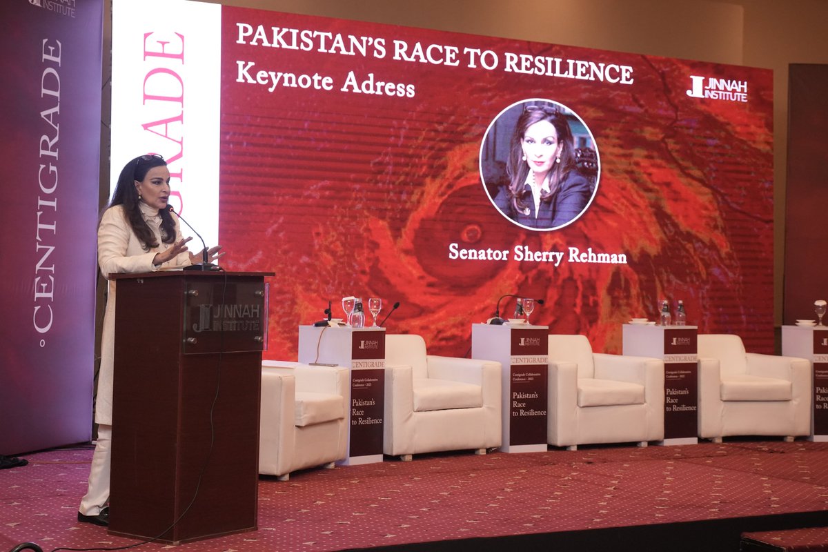 JinnahInstitute's tweet photo. #HappeningNow
Highlighting our #Centigradeconference, Senator @sherryrehman , former Federal Minister for Climate Change, presenting her keynote address.
#climatefinance #climateadaptation #climateresilience https://t.co/EIFGzpjbFj