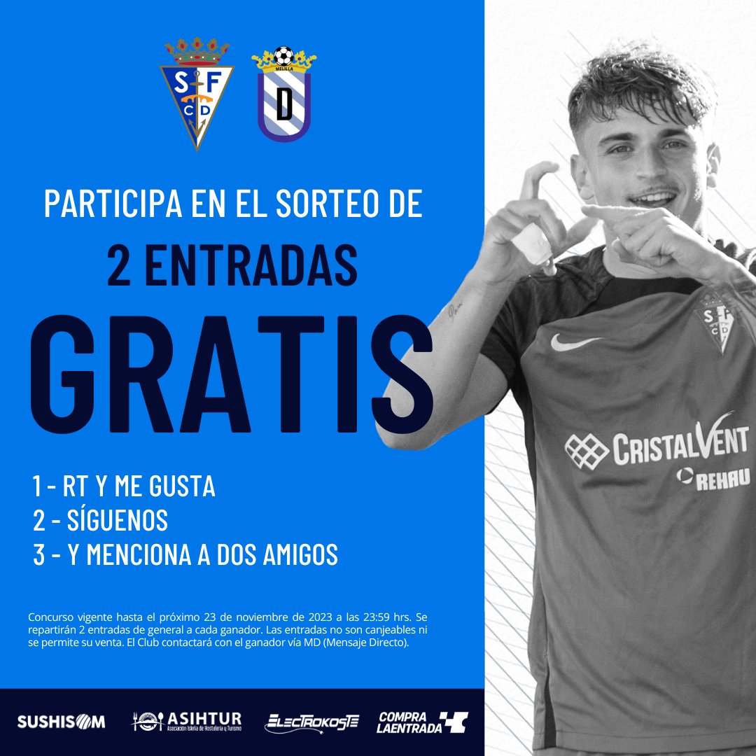 SanFernando_CD's tweet photo. 🗳️ ¡Tenemos el plan ideal para este domingo! ¡Ven gratis al #SanFernandoMelilla! 

Participa en el sorteo siguiendo estos pasos: 

🔁 Da RT y Me gusta a esta publicación
📲 Sigue nuestra cuenta
💬 Menciona a dos amigos

¡Acaba el jueves 23 de noviembre a las 23:59h! https://t.co/Nbll9PA45f