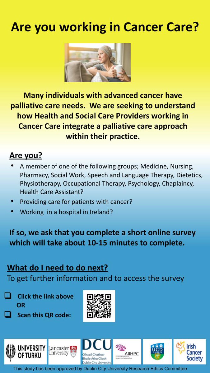 Generalist Palliative Care in Cancer Care (@gpcincc_project) on Twitter photo We are still recruiting doctors, nurses, pharmacists, social workers, speech and language therapists, dieticians, occupational therapists, psychologists, chaplains and health care assistants to this novel <a href="/IrishCancerSoc/">Irish Cancer Society</a> study!
survey.zohopublic.eu/zs/AQDHlx
All retweets welcome! We are still recruiting doctors, nurses, pharmacists, social workers, speech and language therapists, dieticians, occupational therapists, psychologists, chaplains and health care assistants to this novel <a href="/IrishCancerSoc/">Irish Cancer Society</a> study!
survey.zohopublic.eu/zs/AQDHlx
All retweets welcome!