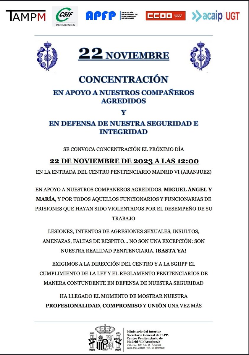 DeTampm's tweet photo. Basta de agresiones sexuales, físicas, amenazas y maltrato. Por Miguel Ángel, por María, por todos. Por un trabajo digno, una Secretaria General y unos mandos a la altura de sus funcionarios. Mañana miércoles nos vemos en Aranjuez. https://t.co/bGBJnJTtef