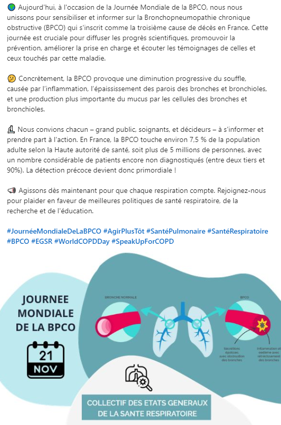 #JournéeMondialeDeLaBPCO #AgirPlusTôt #SantéPulmonaire #SantéRespiratoire #BPCO #EGSR #WorldCOPDDay #SpeakUpForCOPD