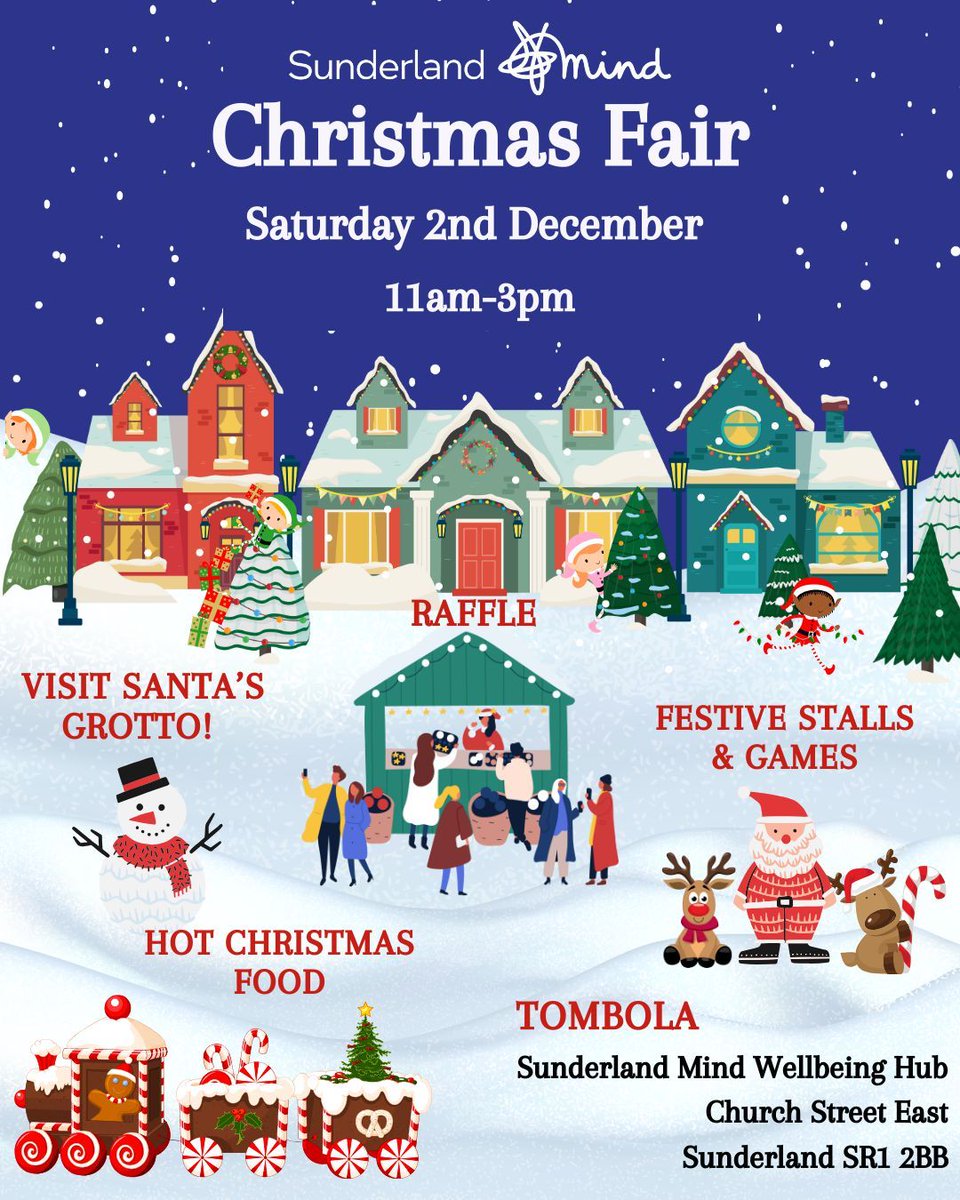 SunderlandMind's tweet photo. ☃️🎅JUST UNDER 2 WEEKS TO GO UNTIL OUR CHRISTMAS FAIR! 🎅☃️Join us on Saturday 2nd December for tasty treats, win amazing prizes, visit Santa's Grotto and enjoy browsing our festive stalls! We would love to see you there! #Christmas #christmasfair #sunderlandevents https://t.co/7R2sTLwOiV