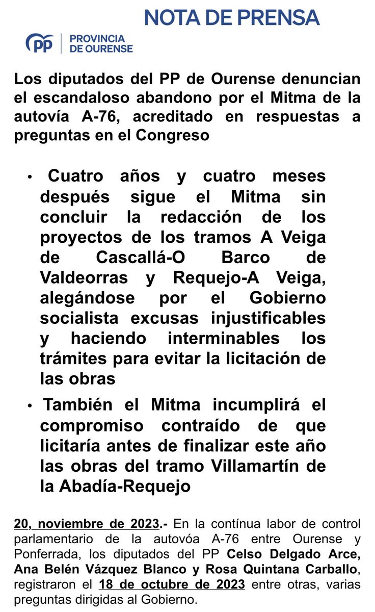 CelsoDelgadoOU's tweet photo. Los diputados del @PPdeOU  denuncian el escandaloso abandono por el @mitmagob de los proyectos de los tramos  de la autovía A-76. Solo dan excusas injustificables y hacen interminables los trámites para evitar la licitación de las obras. Inaceptable!
https://t.co/wQpNnYRDlB https://t.co/54pzjRNZOq