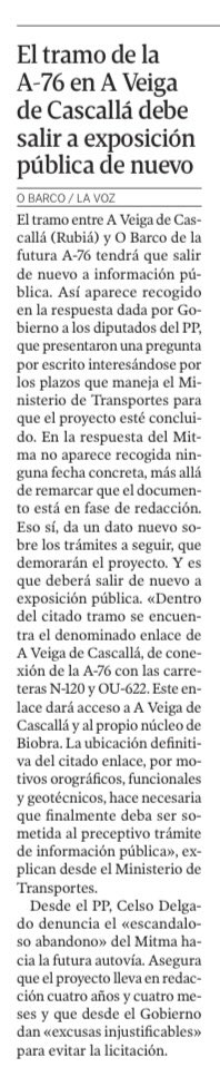 CelsoDelgadoOU's tweet photo. Los diputados del @PPdeOU  denuncian el escandaloso abandono por el @mitmagob de los proyectos de los tramos  de la autovía A-76. Solo dan excusas injustificables y hacen interminables los trámites para evitar la licitación de las obras. Inaceptable!
https://t.co/wQpNnYRDlB https://t.co/54pzjRNZOq