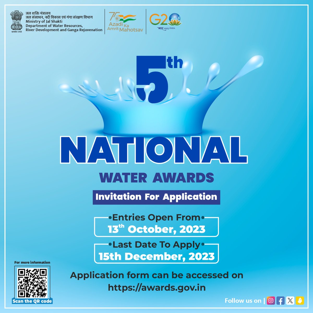 The 5th edition of the #NationalWaterAwards is here. Any entity promoting #waterconservation is eligible to participate. Enroll & share your success stories! It's time to recognize & reward those making waves in #watermanagement. #WaterHeroes #JalShakti #WaterAwards2023 #NWA2023