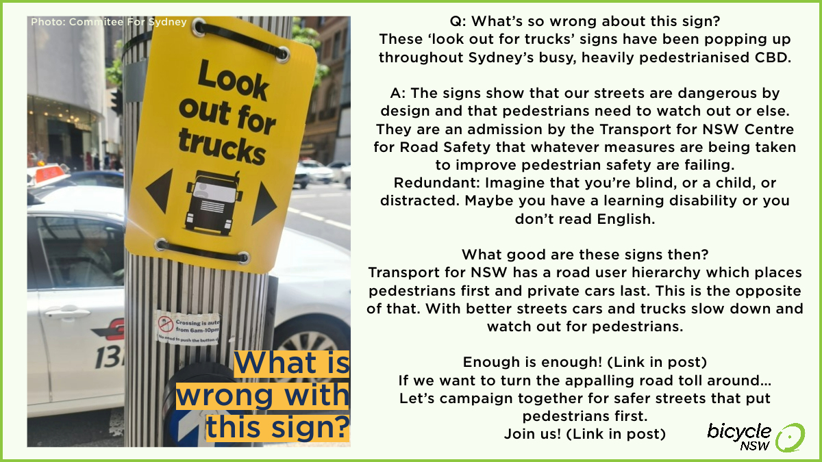BicycleNSW's tweet photo. Q: What’s so wrong about this sign?
Enough is enough!  https://t.co/dtBuBREF35 Join us!  https://t.co/vbvFXYhtOt @BicycleNSW  @Committee4Syd @cityofsydney #BIKEast #BikeNorth #SydneySpokes @AlexGreenwich @TransportforNSW #nswroadsafety @BetterSts4AUS @LenaHudafor30 #safety https://t.co/zwR9BxW9kz
