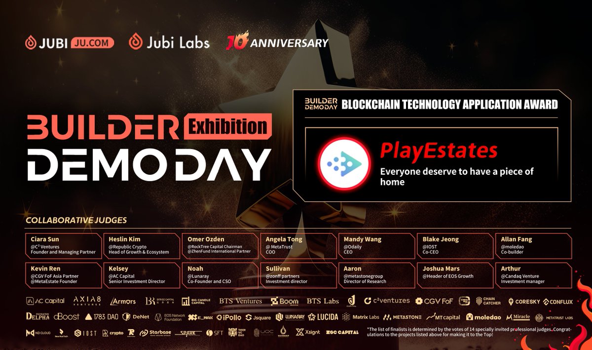 Jucom_Official's tweet photo. Congratulations to @PlayEstates for winning the Blockchain Technology Application Award！🎉🎉 https://t.co/IGnruyjFqY