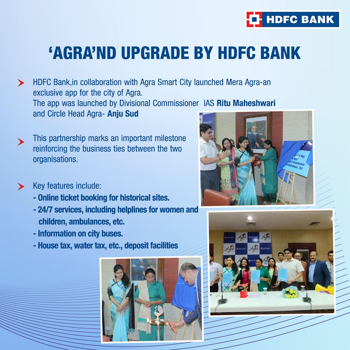HDFCBankNews's tweet photo. .@HDFC_Bank , in collaboration with Agra Smart City, launched Mera Agra - an exclusive app for the city of Agra.

Read below to know more.

#HDFCBank #News #MeraAgra #AppLaunch #agra #Upgrade #ExclusiveApp https://t.co/xK6jJJhUZL