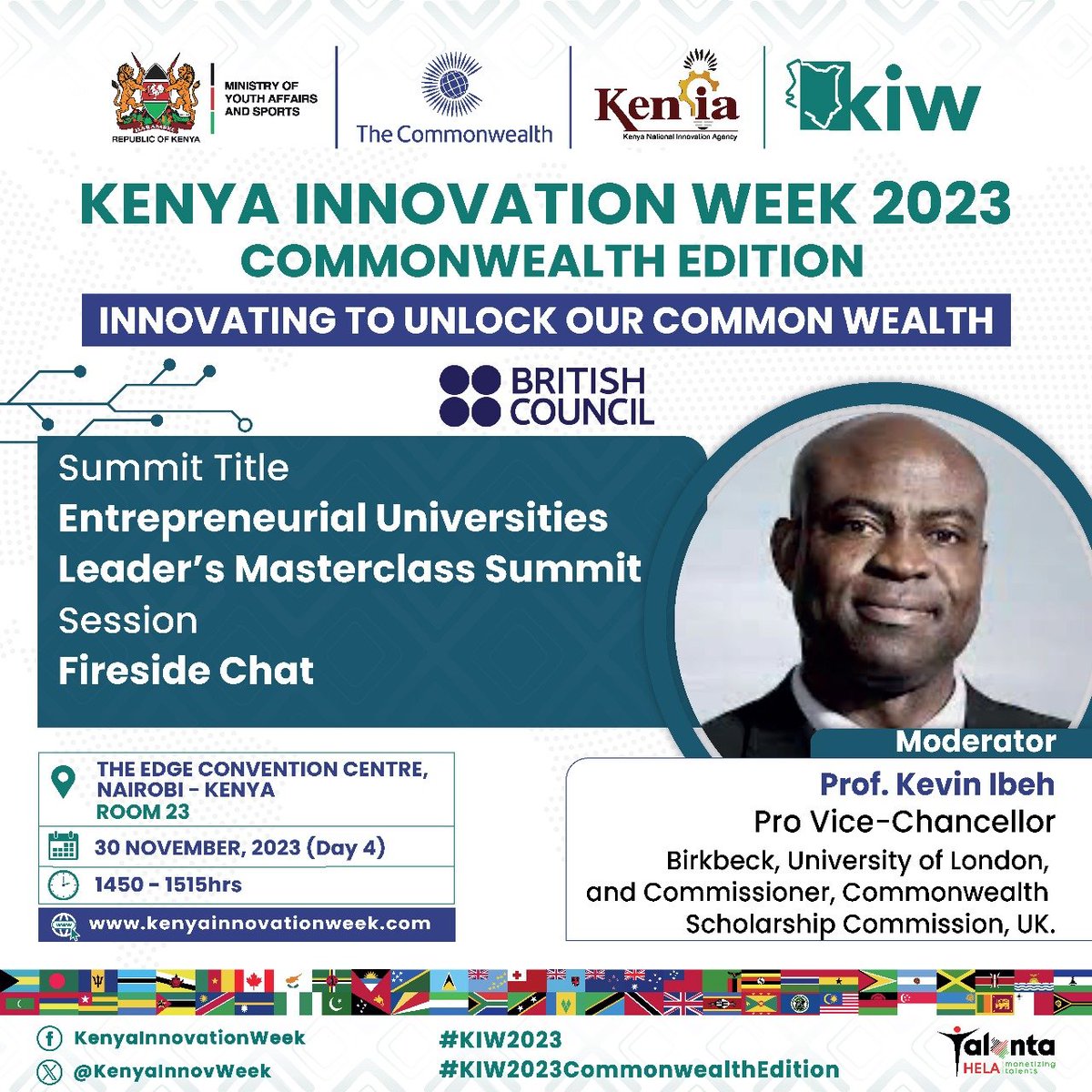 KenyaInnovWeek's tweet photo. Join us at @KenyaInnovWeek @commonwealthsec Edition for the Entrepreneurial Universities Masterclass! ✨ Thrilled to announce our stellar lineup of facilitators @Bettymuganda17 PS @EduMinKenya, Neil Marshall of @ChangeSchoolOrg, @tomwansa CEO, KeNIA and Kevin Ibeh of @BirkbeckUoL https://t.co/T2LICaTTdA
