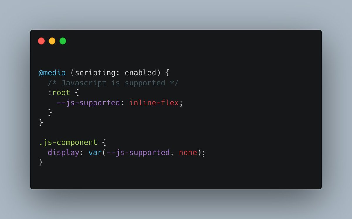 🤯 Today I learned about the media scripting feature. It's about detecting JS support via a CSS media query.

Soon, we won't need the `.no-js` or `.js` classes once this is widely available. Currently supported in Chrome 120, Firefox 119, Safari 17.