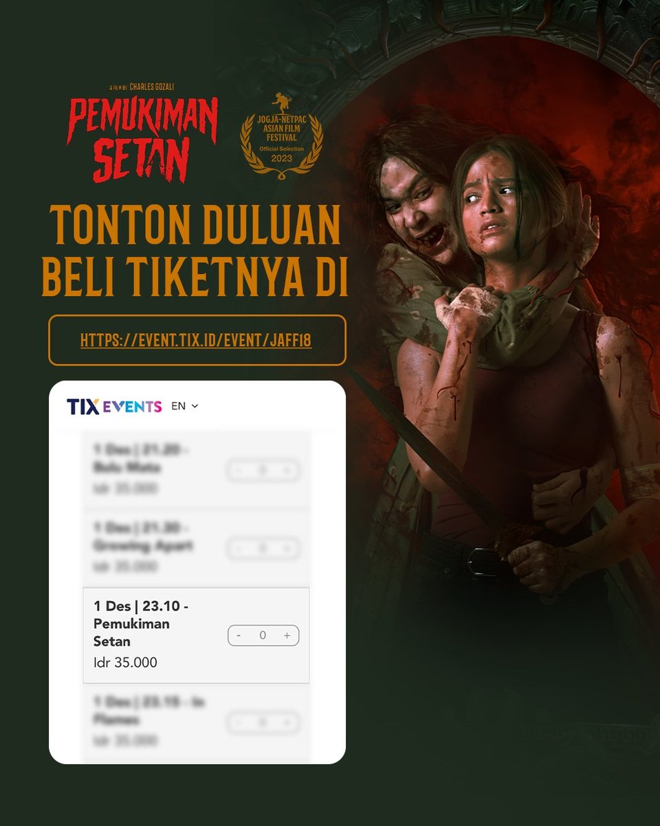Pemukiman Setan akan tayang perdana di <a href="/jaffjogja/">Jogja-NETPAC Asian Film Festival</a> 1 Desember 2023 pukul 23.10 WIB. Kalian bisa nonton duluan!

Serbu tiketnya di <a href="/tix_id/">TIX ID</a> SEKARANG!

#PemukimanSetan
#JAFF18 #JAFFJogja #JAFF2023
