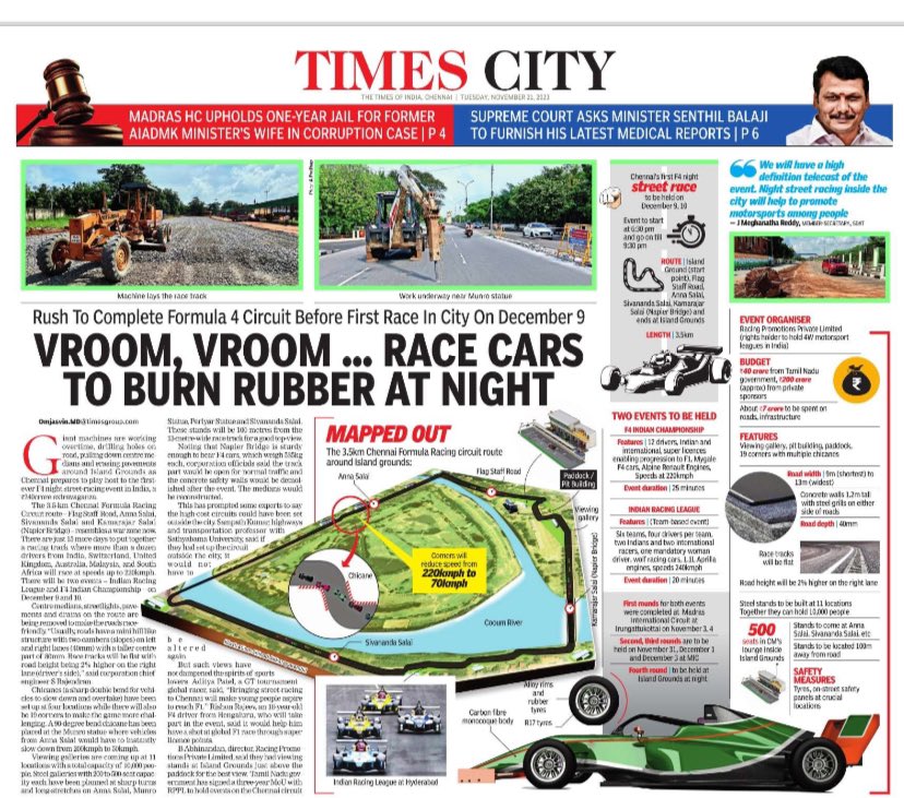 omjasvinMD's tweet photo. Chennai gets ready for an high octane F4 street racing event to be held around Island Grounds in the night. The Greater Chennai Corporation round the clock has been working to create a 3.5 kilometre race track in Flagstaff road, Anna Salai, Sivananda Salai and Napier Bridge. Wolf racing cars and F4 cars that can go upto 220-240 kmph will be used in the racing tracks and more than a dozen racers including intentional ones will take part in event on December 9 & 10. The GCC has been removing pavements, centre medians and street lights to construct the closed corridor racing track with concrete walls on both sides. Viewing galleries with total capacity of 10,000 people to be set up at 11 locations including at sharp corners. Ticket costs start at Rs 1000 and goes upto Rs 30,000. #ChennaiRacing #ChennaiStreetRacing